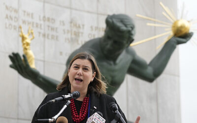 Rep. Elissa Slotkin speaks to reporters March 2, 2023, in Detroit, about her candidacy for the US Senate in 2024. (AP Photo/Carlos Osorio, File)