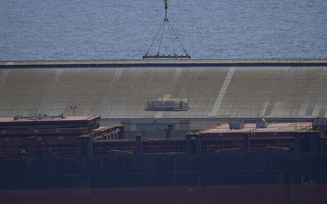 A crane loads food aid for Gaza onto the container ship Sagamore docked at Larnaca port, Cyprus, May 8, 2024. (AP Photo/Petros Karadjias) A crane loads food aid for Gaza onto the container ship Sagamore docked at Larnaca port, Cyprus, May 8, 2024. (AP Photo/Petros Karadjias)