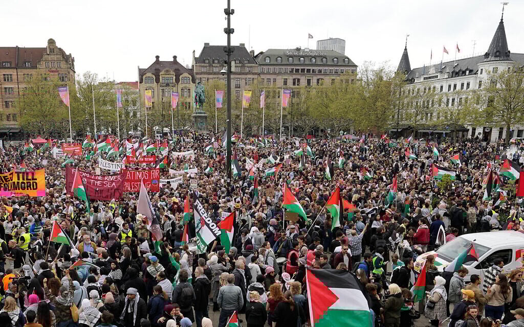 People protest at an anti-Israel rally ahead of the second semifinal at the Eurovision Song Contest in Malmo, Sweden, May 9, 2024. (AP Photo/Martin Meissner)