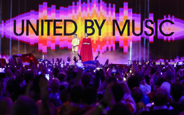 Hosts Malin Akerman, left, and Petra Mede during the second semifinal at the Eurovision Song Contest in Malmo, Sweden, May 9, 2024. (AP Photo/Martin Meissner) Hosts Malin Akerman, left, and Petra Mede during the second semifinal at the Eurovision Song Contest in Malmo, Sweden, May 9, 2024. (AP Photo/Martin Meissner)