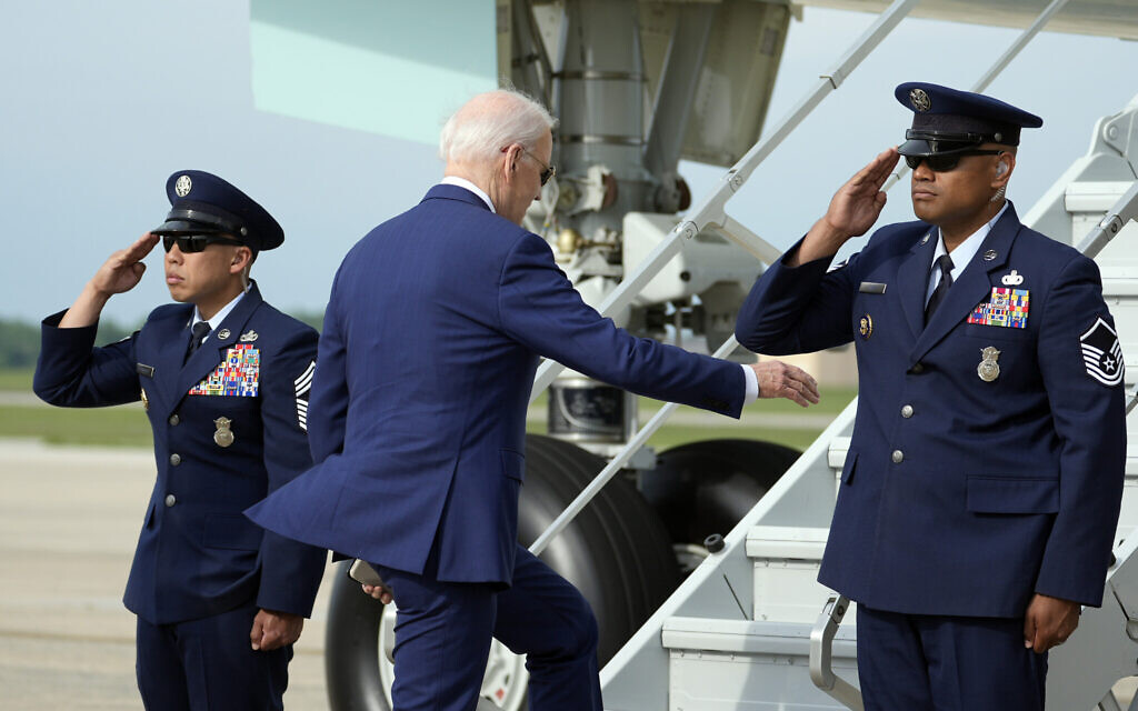 President Joe Biden boards Air Force One, Thursday, May 9, 2024, at Andrews Air Force Base, Md. Biden is headed to California. (AP/Alex Brandon)