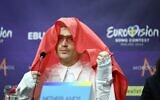 Joost Klein representing the Netherlands gestures, during a press conference after the second semifinal of the Eurovision Song Contest, at the Malmo Arena, in Malmo, Sweden, May 9, 2024. (Jessica Gow/TT News Agency via AP)