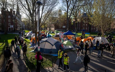Students protesting against the war in Gaza, and passersby walking through Harvard Yard, are seen at an encampment at Harvard University in Cambridge, Massachusetts, April 25, 2024. (AP Photo/Ben Curtis, File)