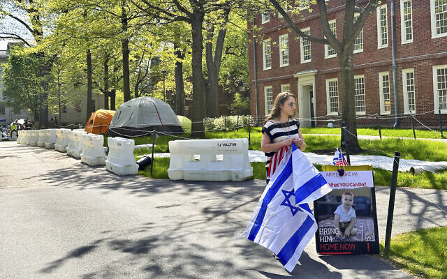 Rotem Spiegler, an alumnus of Harvard University, stands near an encampment set up at the university to protest against Israel amid its war in Gaza with the Hamas terror group, May 14, 2024, in Cambridge, Massachusetts. (AP Photo/Michael Casey) Rotem Spiegler, an alumnus of Harvard University, stands near an encampment set up at the university to protest against Israel amid its war in Gaza with the Hamas terror group, May 14, 2024, in Cambridge, Massachusetts. (AP Photo/Michael Casey)