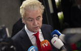 Geert Wilders, leader of the far-right party PVV, or Party for Freedom, talks to the media, two days after winning the most votes in a general election, in The Hague, Netherlands, November 24, 2023. (AP Photo/Peter Dejong, File)