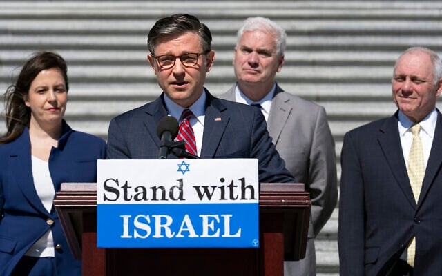 From left, GOP Conference Chair Elise Stefanik, House Speaker Mike Johnson, House Majority Leader Steve Scalise and Majority Whip Tom Emmer speak to reporters about US President Joe Biden pausing a shipment of bombs to Israel, Washington, May 16, 2024. (AP/J. Scott Applewhite) From left, GOP Conference Chair Elise Stefanik, House Speaker Mike Johnson, House Majority Leader Steve Scalise and Majority Whip Tom Emmer speak to reporters about US President Joe Biden pausing a shipment of bombs to Israel, Washington, May 16, 2024. (AP/J. Scott Applewhite)