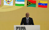 President of the Israel Football Associated Shino Moshe Zuares delivers his speech at the 74th FIFA congress in Bangkok, Thailand, Friday, May 17, 2024.(AP Photo/Sakchai Lalit)