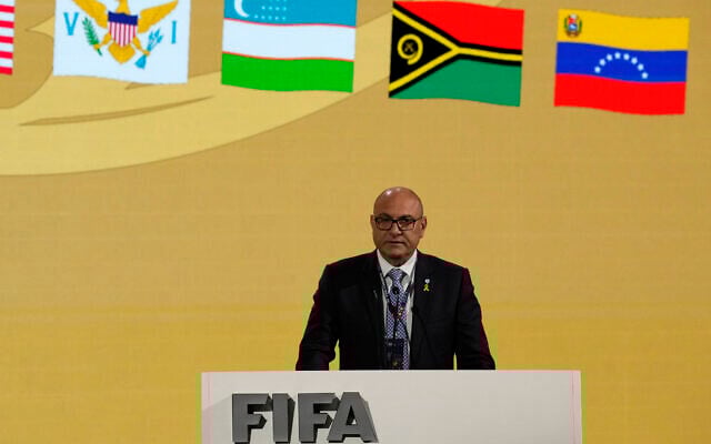 President of the Israel Football Associated Shino Moshe Zuares delivers his speech at the 74th FIFA congress in Bangkok, Thailand, Friday, May 17, 2024.(AP Photo/Sakchai Lalit)