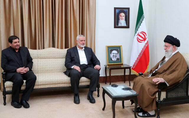 Supreme Leader Ayatollah Ali Khamenei, right, speaks with Hamas chief Ismail Haniyeh, center, as Iran's acting president Mohammad Mokhber sits at left, during their meeting in Tehran, Iran, May 22, 2024 (Office of the Iranian Supreme Leader via AP) Supreme Leader Ayatollah Ali Khamenei, right, speaks with Hamas chief Ismail Haniyeh, center, as Iran's acting president Mohammad Mokhber sits at left, during their meeting in Tehran, Iran, May 22, 2024 (Office of the Iranian Supreme Leader via AP)