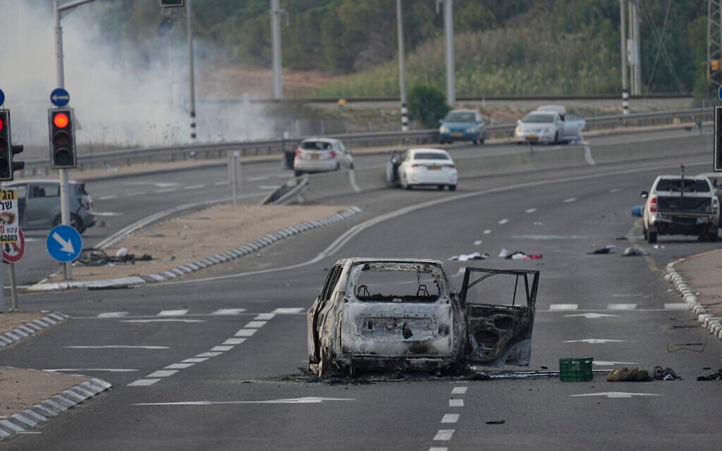 A car destroyed in an attack by Palestinian terrorists is seen in Sderot, Israel, on October 7, 2023. (Ohad Zwigenberg/AP)