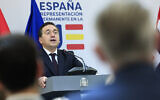 Spain's Foreign Minister Jose Manuel Albares Bueno addresses a media conference prior to talks on the Middle East in Brussels, Monday, May 27, 2024. (AP Photo/Geert Vanden Wijngaert)