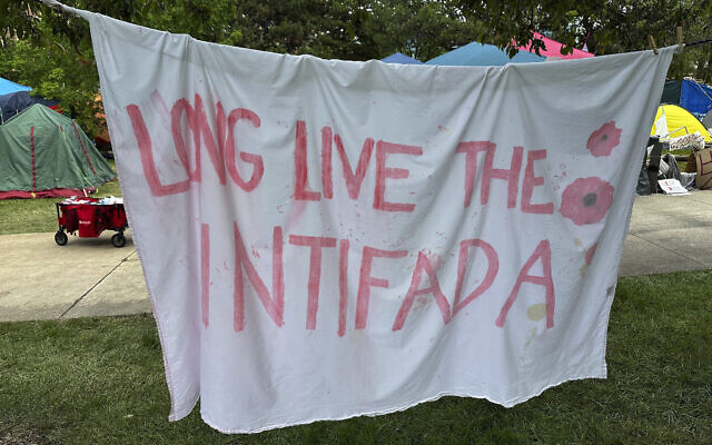 A pro-Palestinian, anti-Israel encampment is shown on May 28, 2024, on the campus of Wayne State University in Detroit. (AP Photo/Mike Householder)