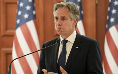 United States Secretary of State Antony Blinken reacts to questions by the media during a joint press conference with Moldova's President Maia Sandu at the Moldovan Presidency in Chisinau, Moldova, Wednesday, May 29, 2024. (AP Photo/Vadim Ghirda, Pool)