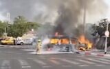 Screen capture from video a burning minibus following an explosion in the vehicle at the Wolfson Interchange, May 27, 2024. (X. Used in accordance with Clause 27a of the Copyright Law)