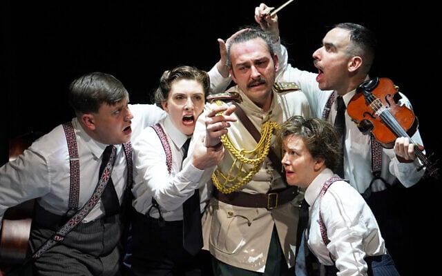 From left: David Leopold, Sasha Wilson, Joseph Cullen, Lawrence Boothman and Clare Fraenkel in 'The Brief Life and Mysterious Death of Boris III, King of Bulgaria,' now at 59E59 Theaters. (Carol Rosegg/ via JTA)