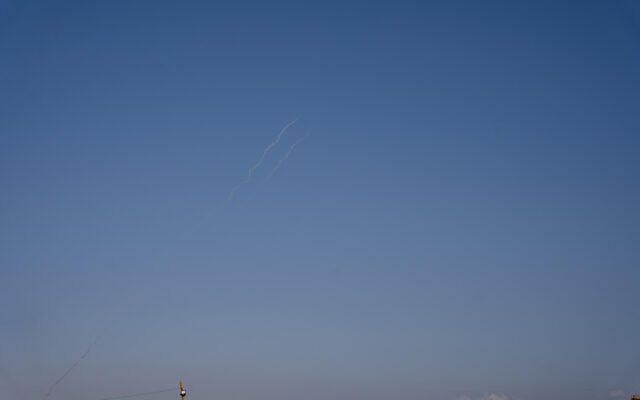 Rockets launched from the Gaza Strip at the southern city of Ashkelon on May 14, 2024. (Emanuel Fabian/Times of Israel) Rockets launched from the Gaza Strip at the southern city of Ashkelon on May 14, 2024. (Emanuel Fabian/Times of Israel)