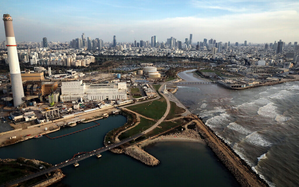 An aerial view of the Yarkon River and the Mediterranean Sea as they meet at the Reading Power Station in Tel Aviv, on February 19, 2018. (Yossi Zamir/Flash90) An aerial view of the Yarkon River and the Mediterranean Sea as they meet at the Reading Power Station in Tel Aviv, on February 19, 2018. (Yossi Zamir/Flash90)