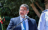 National Security Minister Itamar Ben Gvir speaks during an official Memorial Day ceremony at the Ashdod Military Cemetery, May 13, 2024. (Liron Moldovan/Flash90)