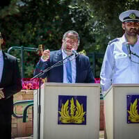 National Security Minister Itamar Ben Gvir speaks during an official Memorial Day ceremony at the Ashdod Military Cemetery on May 13, 2024. (Liron Moldovan/Flash90)