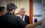 Justice Minister Yariv Levin arrives for a court hearing in the trial against Prime Minister Benjamin Netanyahu, at the Jerusalem District Court on May 21, 2024. (Yonatan Sindel/Flash90)