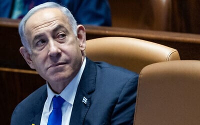 Prime Minister Benjamin Netanyahu in the Knesset on May 27, 2024. (Yonatan Sindel/Flash90) Prime Minister Benjamin Netanyahu in the Knesset on May 27, 2024. (Yonatan Sindel/Flash90)