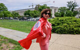 Rep. Kathy Manning (D-NC) poses for a photo in her cape given to her by MomsRising at the Mother's Day Press Conference calling for action on Care and Reproductive rights on May 8, 2024 in Washington. (Photo by Jemal Countess/Getty Images for MomsRising, via JTA)