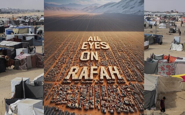 The 'All Eyes on Rafah' AI graphic that has gone viral on Instagram is superimposed on a real-life scene as Palestinians packed up tents in Rafah following an Israeli bombing in the area, May 28, 2024. (Jehad Alshrafi/Anadolu via Getty Images/ via JTA) The 'All Eyes on Rafah' AI graphic that has gone viral on Instagram is superimposed on a real-life scene as Palestinians packed up tents in Rafah following an Israeli bombing in the area, May 28, 2024. (Jehad Alshrafi/Anadolu via Getty Images/ via JTA)
