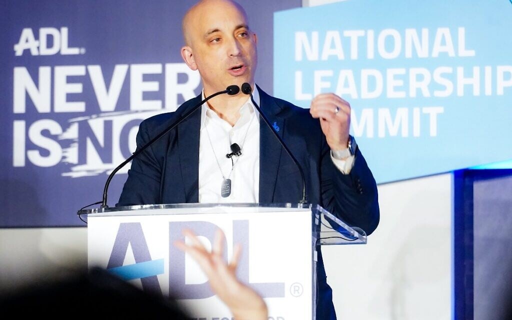 Anti-Defamation League CEO Jonathan Greenblatt at the Never is Now conference in New York, March 5, 2024. (courtesy)