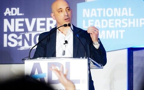Anti-Defamation League CEO Jonathan Greenblatt at the Never is Now conference in New York, March 5, 2024. (courtesy)
