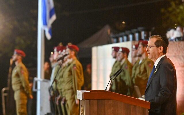 President Isaac Herzog speaks at the annual Holocaust Remembrance Day ceremony at Yad Vashem in Jerusalem, May 5, 2024. (Kobi Gideon/GPO) President Isaac Herzog speaks at the annual Holocaust Remembrance Day ceremony at Yad Vashem in Jerusalem, May 5, 2024. (Kobi Gideon/GPO)