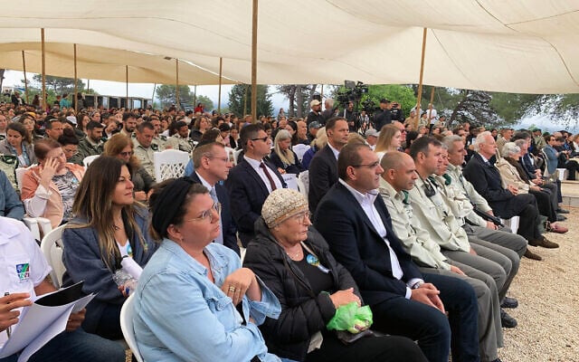 Crowd gathered in Martyrs Forest outside Jerusalem to honor Jewish rescuers during the Holocaust in a Yom Hashoah ceremony on May 6, 2024. (Charlie Summers/Times of Israel)