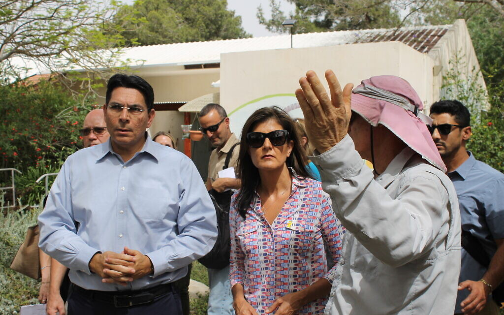 Likud MK Danny Danon and former South Carolina governor and US ambassador to the United Nations Nikki Haley in the Gaza border community of Nir Oz, May 27, 2024. (Sam Sokol/Times of Israel)