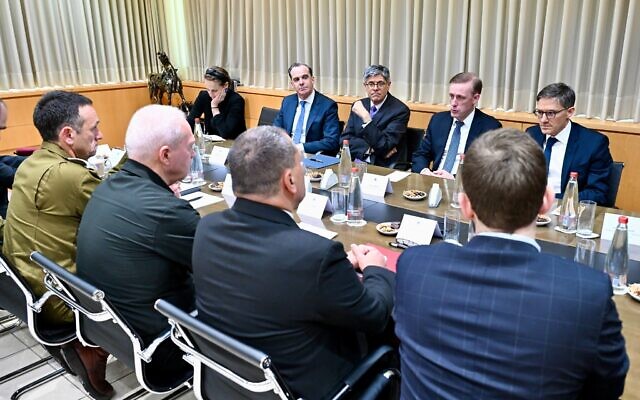 US National Security Adviser Jake Sullivan meets Defense Minister Yoav Gallant and IDF chief Herzi Halevi in Tel Aviv on May 20, 2024 (David Azagury/US Embassy Jerusalem)