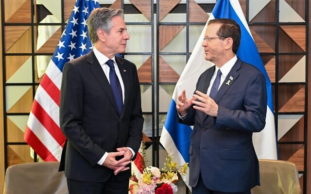 US Secretary of State Antony Blinken (left) meets with President Isaac Herzog in Tel Aviv, May 1, 2024. (Maayan Toaf / GPO) US Secretary of State Antony Blinken (left) meets with President Isaac Herzog in Tel Aviv, May 1, 2024. (Maayan Toaf / GPO)