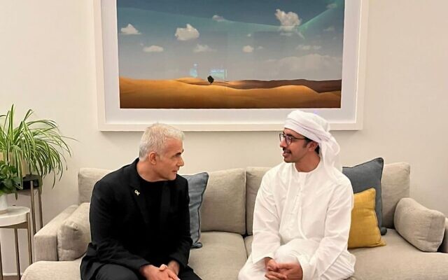 Opposition Leader Yair Lapid meets with Emirati Foreign Minister Abdullah bin Zayed Al Nahyan at his private residence in Abu Dhabi, May 2, 2024. (Courtesy: Office of Yair Lapid)