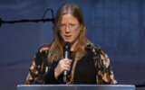 File - Israel's Ambassador to Ireland, Dana Erlich, speaks during a Kristallnacht commemoration ceremony at the All Nations Church in Dublin, Ireland, November 9, 2023. (Screen capture: YouTube/All Nations Church, used in accordance with Clause 27a of the Copyright Law)