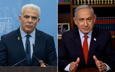 Opposition Leader Yair Lapid (left) leads a meeting of his Yesh Atid party at the Knesset in Jerusalem, on May 20, 2024. (Yonatan Sindel/Flash90); Prime Minister Benjamin Netanyahu delivers a statement on May 22, 2024. (Screen capture)