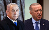 A composite photo showing Prime Minister Benjamin Netanyahu (left) at the Yad Vashem Holocaust Memorial Museum in Jerusalem, May 5, 2024. (Chaim Goldberg/Flash90); Turkey's President Recep Tayyip Erdogan during a press conference in Istanbul, Turkey, May 3, 2024. (AP Photo/Khalil Hamra)