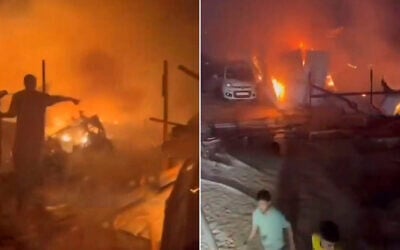 Footage from a fire that broke out in a camp for displaced Palestinians in southern Gaza's Rafah, following an Israeli strike on what the IDF said was a compound used by Hamas in the area, May 26, 2024. (Social media/X. Used in accordance with Clause 27a of the Copyright Law) Footage from a fire that broke out in a camp for displaced Palestinians in southern Gaza's Rafah, following an Israeli strike on what the IDF said was a compound used by Hamas in the area, May 26, 2024. (Social media/X. Used in accordance with Clause 27a of the Copyright Law)