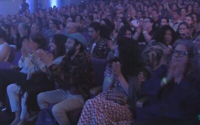 The crowd at the pre-recorded annual Joint Israeli-Palestinian Memorial ceremony, filmed May 8, 2024, and broadcast on Memorial Day eve on May 12. (Screenshot: YouTube/Combatants for Peace; used in accordance with Clause 27a of the Copyright Law)