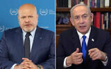 Left: Karim Khan, the chief prosecutor of the International Criminal Court, announces he is seeking arrest warrants from the court’s judges for Prime Minister Benjamin Netanyahu and Defense Minister Yoav Gallant, along with Hamas leaders Yahya Sinwar, Muhammad Deif and Ismail Haniyeh, on May 20, 2024 (ICC); Right: Prime Minister Benjamin Netanyahu delivers a video address, May 20, 2024. (Screenshot/ GPO)