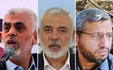 Hamas leader in the Gaza Strip Yahya Sinwar (left) speaks during a rally marking Al-Quds (Jerusalem) Day, in Gaza City, April 14, 2023 (Mohammed Abed / AFP); Ismail Haniyeh (center), the Qatar-based leader of Hamas, delivers a televised speech on May 15, 2024. (X/Screenshot; used in accordance with Clause 27a of the Copyright Law); Mohammed Deif (right) (X/Screenshot; used in accordance with Clause 27a of the Copyright Law)