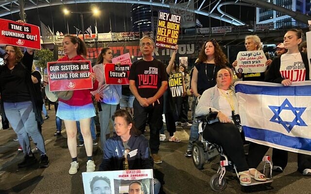 Hostages' families and their supporters calling for an immediate deal to release their loved ones block Begin Street in Tel Aviv, May 2, 2024. (Yael Gadot/Pro-Democracy Movement)
