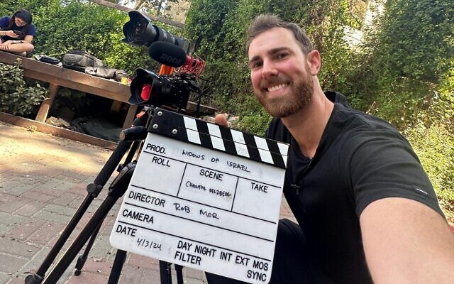 Filmmaker, influencer and widower Rob Mor in Israel while making a film about grief, in April 2024 (Courtesy)