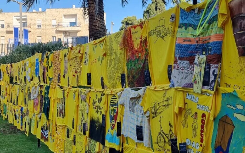 132 T-shirts representing 132 hostages in Gaza on display outside the President's Residence in Jerusalem on May 14, 2024. (Igal Slavin)