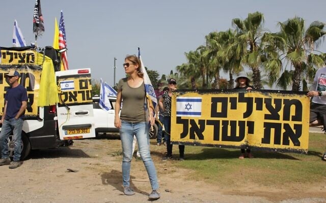 Protest leader Shikma Bressler speaks in Caesarea at the start of a national 'day of disruption,' in protest of the government, May 20, 2024. (Reuven G.Sz / Pro-Democracy Protest Movement) Protest leader Shikma Bressler speaks in Caesarea at the start of a national 'day of disruption,' in protest of the government, May 20, 2024. (Reuven G.Sz / Pro-Democracy Protest Movement)