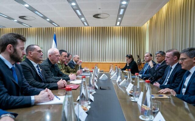 Defense Minister Yoav Gallant (third from left) and senior defense officials meet in Tel Aviv with US National Security Adviser Jake Sullivan (second from right), May 20, 2024 (Ariel Hermoni/Defense Ministry) Defense Minister Yoav Gallant (third from left) and senior defense officials meet in Tel Aviv with US National Security Adviser Jake Sullivan (second from right), May 20, 2024 (Ariel Hermoni/Defense Ministry)