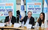 From left to right: Education Minister Yoav Kisch, Shapira committee head Amos Shapira, and Tammy Omanski, head of the Education Ministry's special education department, at a press conference in Jerusalem, on May 28, 2024. (Sivan Shachar/courtesy)