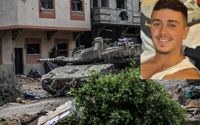 Troops of the 7th Armored Brigade operate in northern Gaza's Jabaliya, in a handout image published May 17, 2024. Inset: Sgt. Ben Avishay, killed in northern Gaza on May 17, 2024. (Israel Defense Forces)