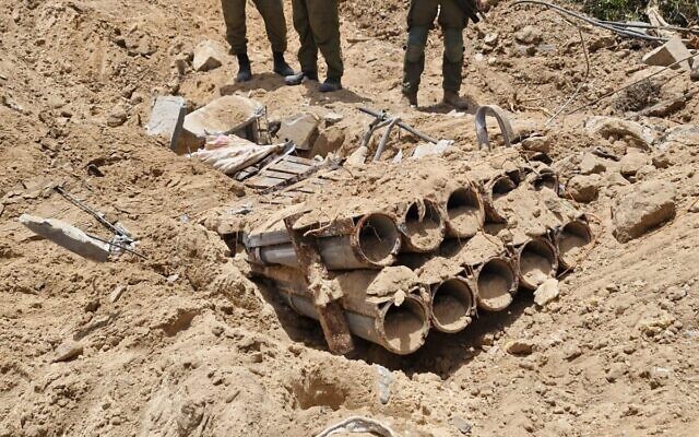 A rocket launcher is found by troops in northern Gaza's Jabaliya, in a handout image published May 22, 2024. (Israel Defense Forces) A rocket launcher is found by troops in northern Gaza's Jabaliya, in a handout image published May 22, 2024. (Israel Defense Forces)